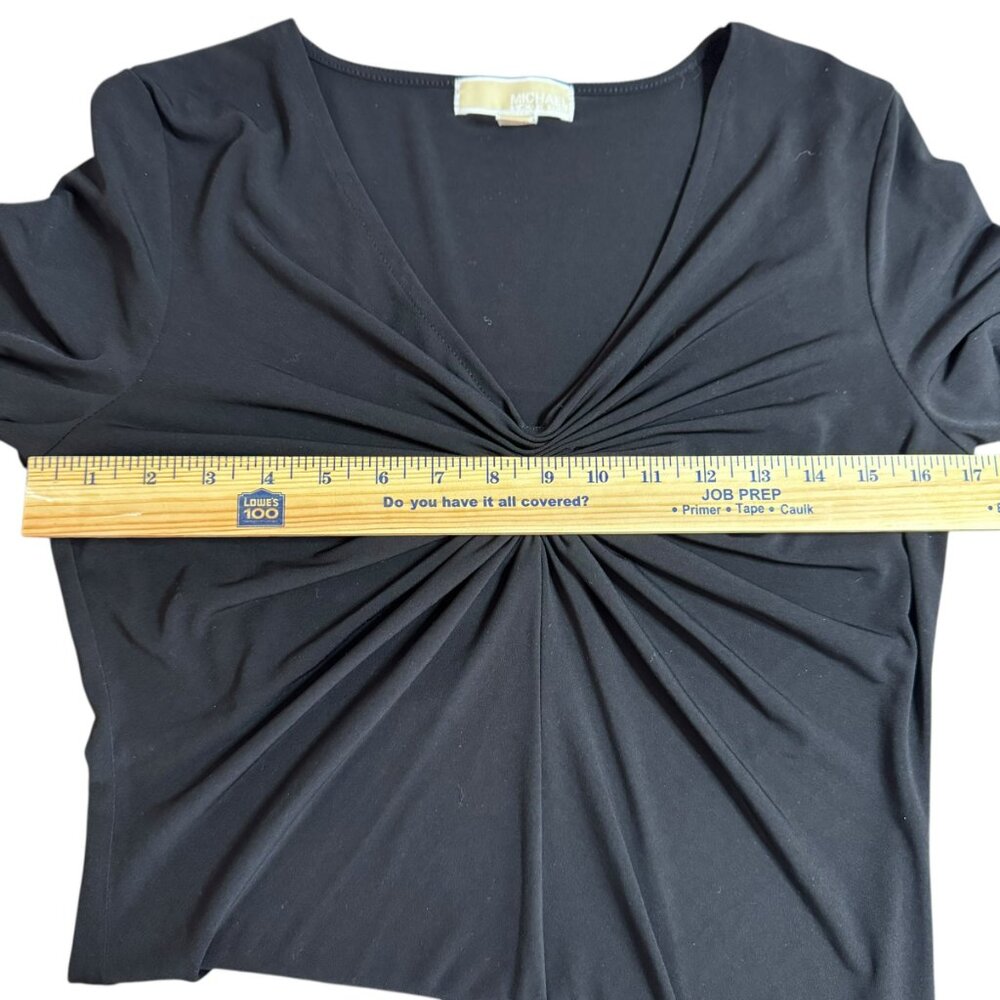 Michael Kors Black Ruched V-Neck Top Size M | Elegant Stretch Knit Long Sleeve - Picture 12 of 13